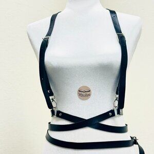 Y2K 2000s style Black faux leather adjustable harness belt